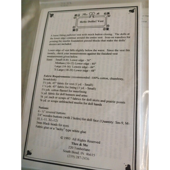 ©1993 UNCUT Thee & Me Sewing Craft Pattern "Hello Dollie! Vest" Pullover Style - Picture 2 of 2